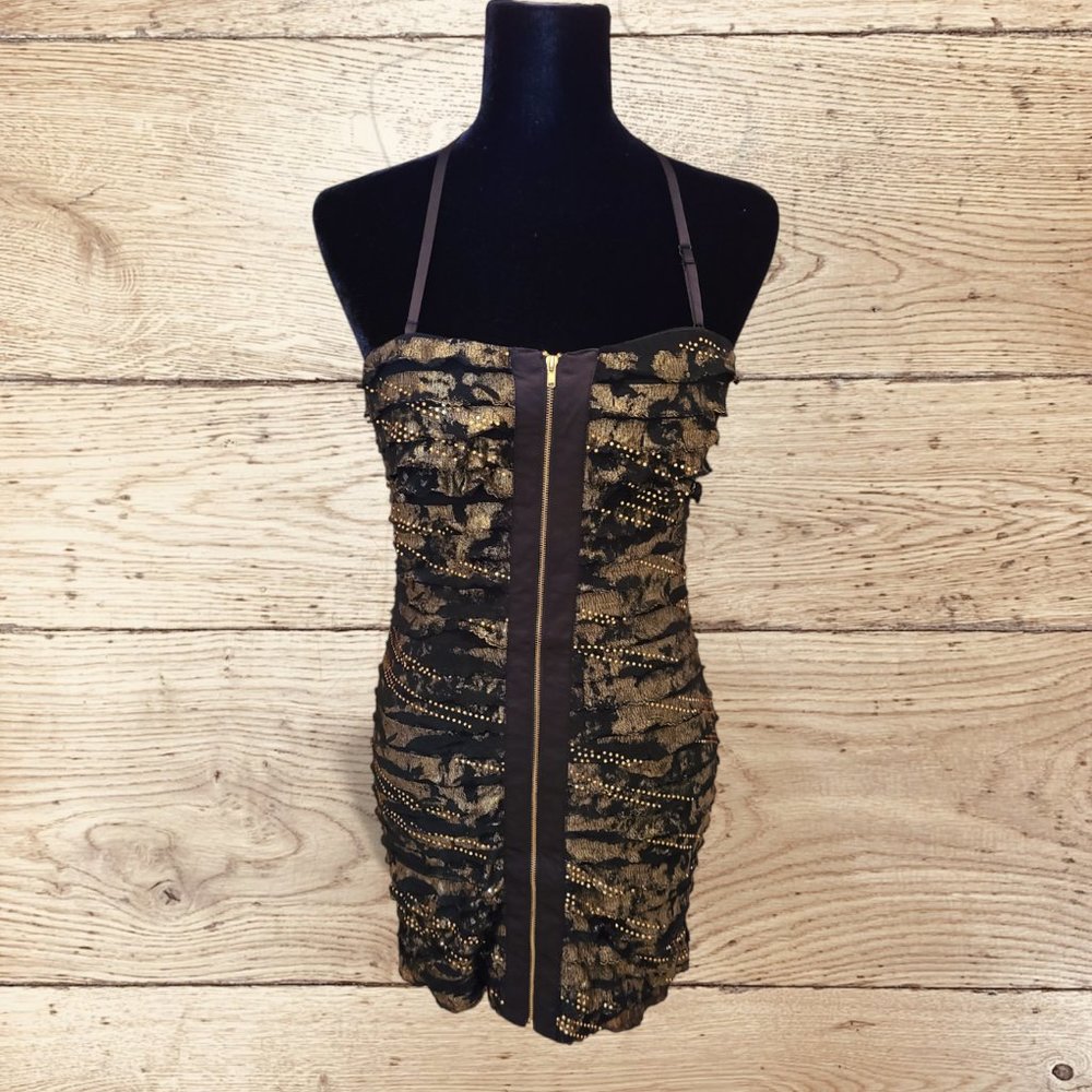 Vintage 90's Black Gold Front Zip Fitted Evening Dress Small